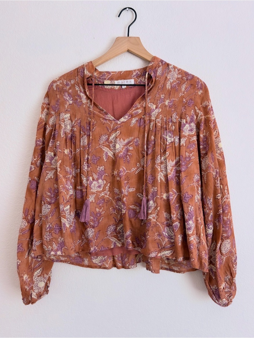 Marea Boho Floral Peasant Blouse with Tassel Ties